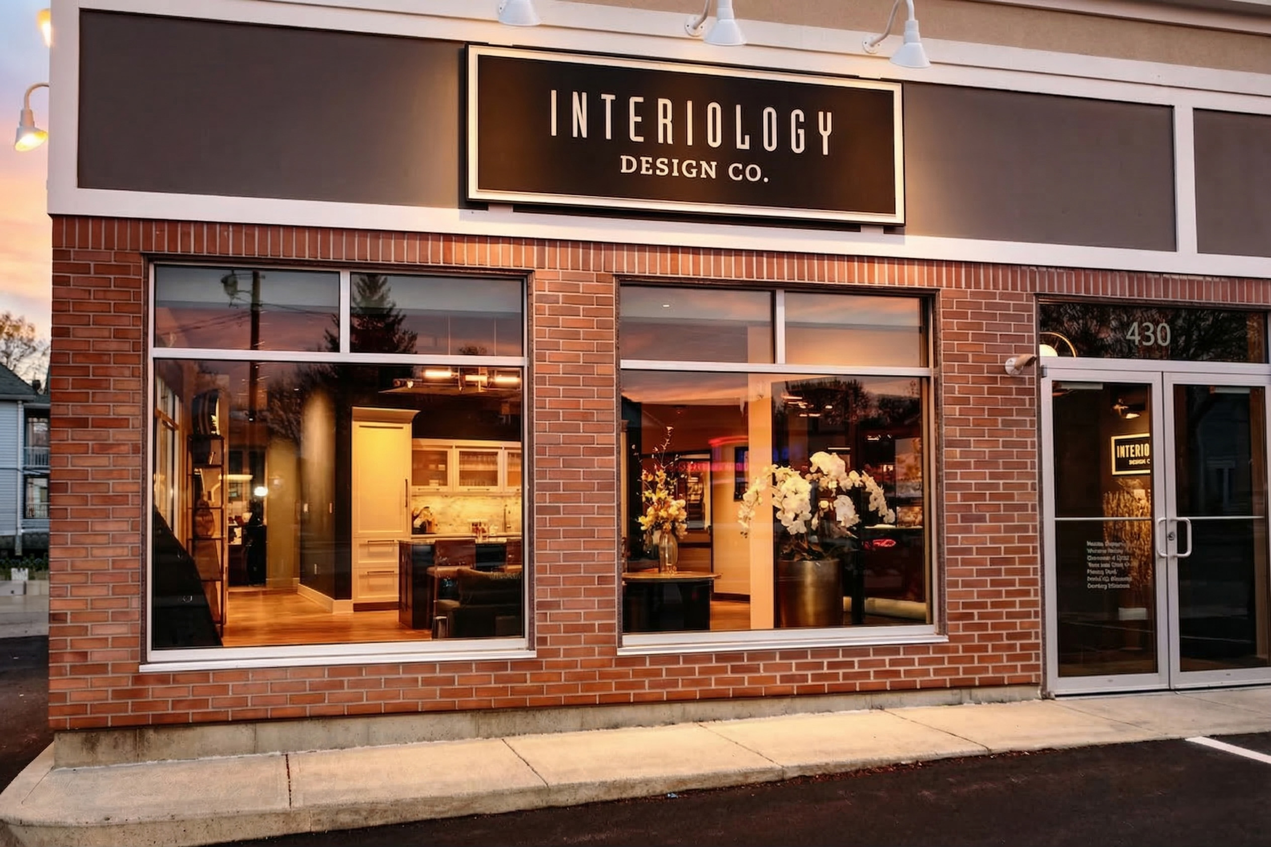 Storefront of Interiology Design Co., a leader in Luxury Interior Design, with large windows displaying decor and a prominent sign above the entrance. The building features brick siding and glass doors.