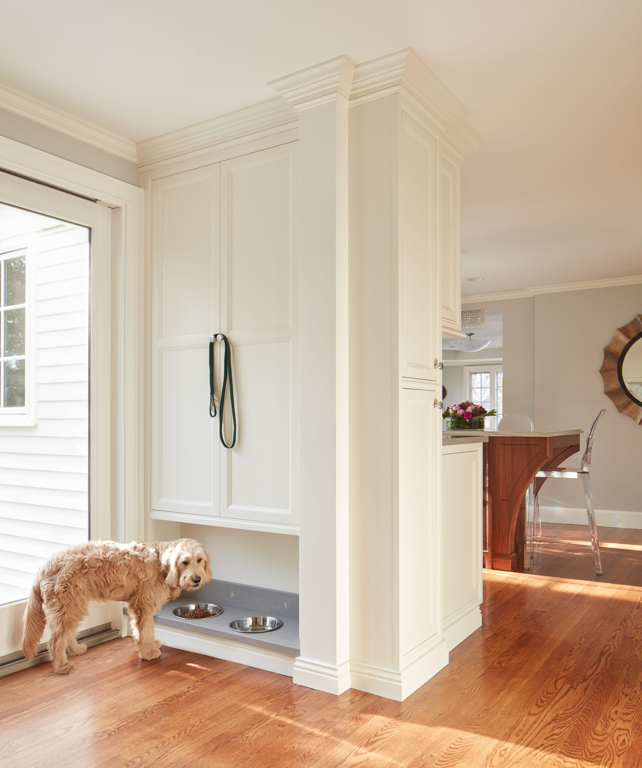 A dog stands next to built-in feeding bowls and a hanging leash in a bright, modern kitchen with wooden floors and white cabinets—an example of luxury interior design by an expert Interior Designer Massachusetts.