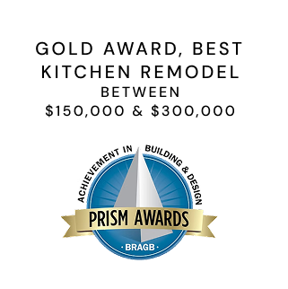 Gold Award, Best Kitchen Remodel between $150,000 and $300,000, with Prism Awards badge—recognizing luxury interior design excellence by a leading Interior Designer Massachusetts.