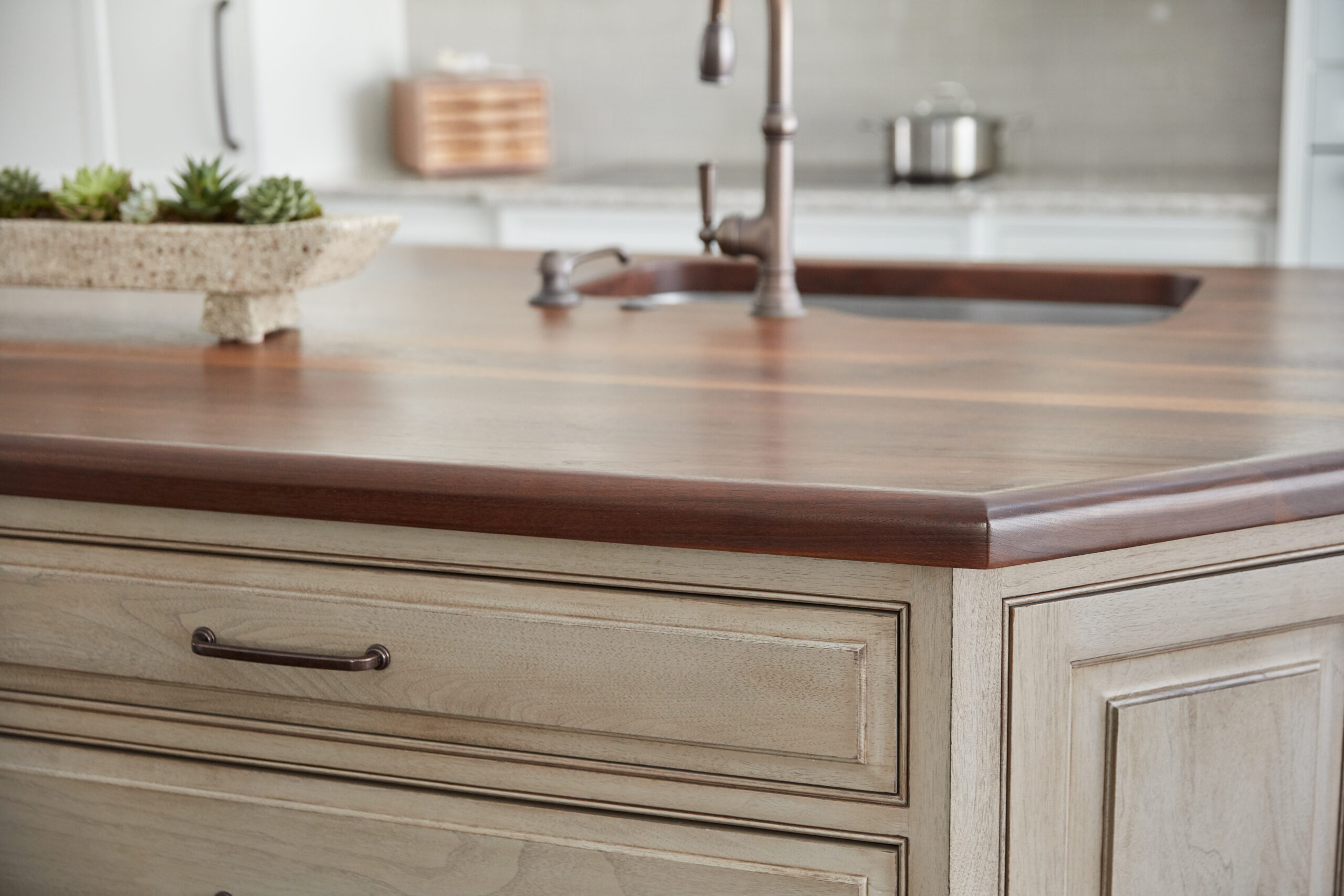 A kitchen island with a polished wooden countertop, an under-mount sink, a bronze faucet, and a decorative succulent arrangement—perfect for those seeking luxury interior design by an expert interior designer in Massachusetts.