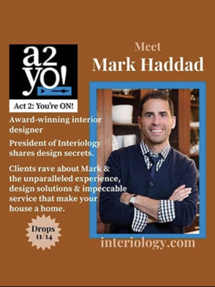 Promotional image featuring luxury interior designer Mark Haddad, highlighting his awards, design expertise, and upcoming event on 11/14 for Interiology. Discover top Interior Designer Massachusetts talent at this exclusive gathering.