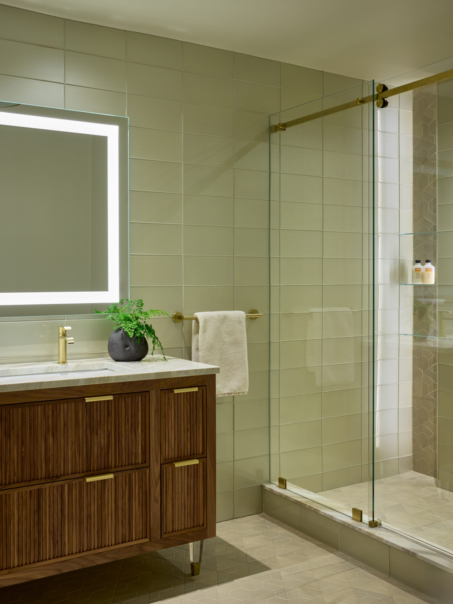Modern bathroom with a wood vanity, illuminated mirror, glass-enclosed shower, gold fixtures, and luxury interior design touches—styled by an Interior Designer in Massachusetts. A potted plant adds a fresh accent to the sophisticated space.
