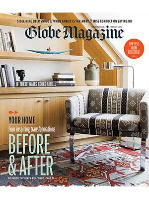 Cover of Globe Magazine featuring a patterned armchair, colorful rug, and wooden shelves with books and decor. Text highlights a feature on home transformations by a top Interior Designer Massachusetts: 