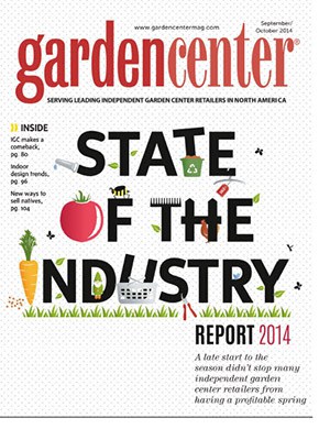 Cover of Garden Center magazine, September/October 2014, featuring the “State of the Industry Report 2014,” with gardening tools and plants artfully arranged in the title design—perfect inspiration for any interior designer Massachusetts has to offer.