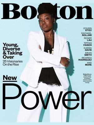 A woman in a white suit stands against a light blue background on the cover of Boston magazine, with text about young diverse visionaries—including rising stars in Luxury Interior Design and top Interior Designers in Massachusetts—taking over.