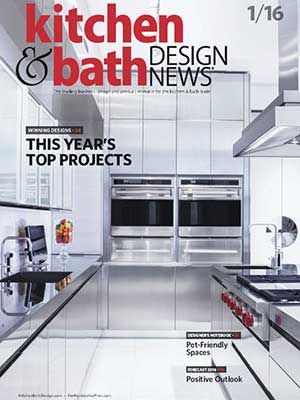 A modern kitchen with stainless steel appliances and sleek white cabinets, reflecting luxury interior design, featured on the cover of Kitchen & Bath Design News, January 2016 issue.
