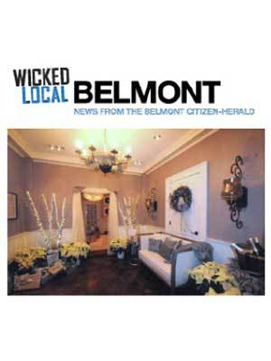 Front page of Wicked Local Belmont, featuring a living room decorated with wreaths, flowers, and a chandelier by an Interior Designer Massachusetts, with a headline from The Belmont Citizen-Herald.