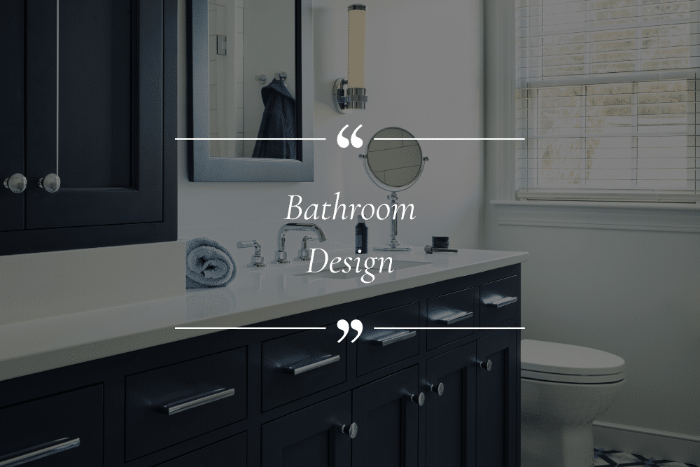 Modern bathroom with dark cabinets, white countertop, round mirror, towel, and window with blinds. Text overlay reads “Bathroom Design.”.